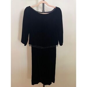 Vintage Black Velvet Dress Cocktail Beaded Best & Co Fifth Ave Small 60s
